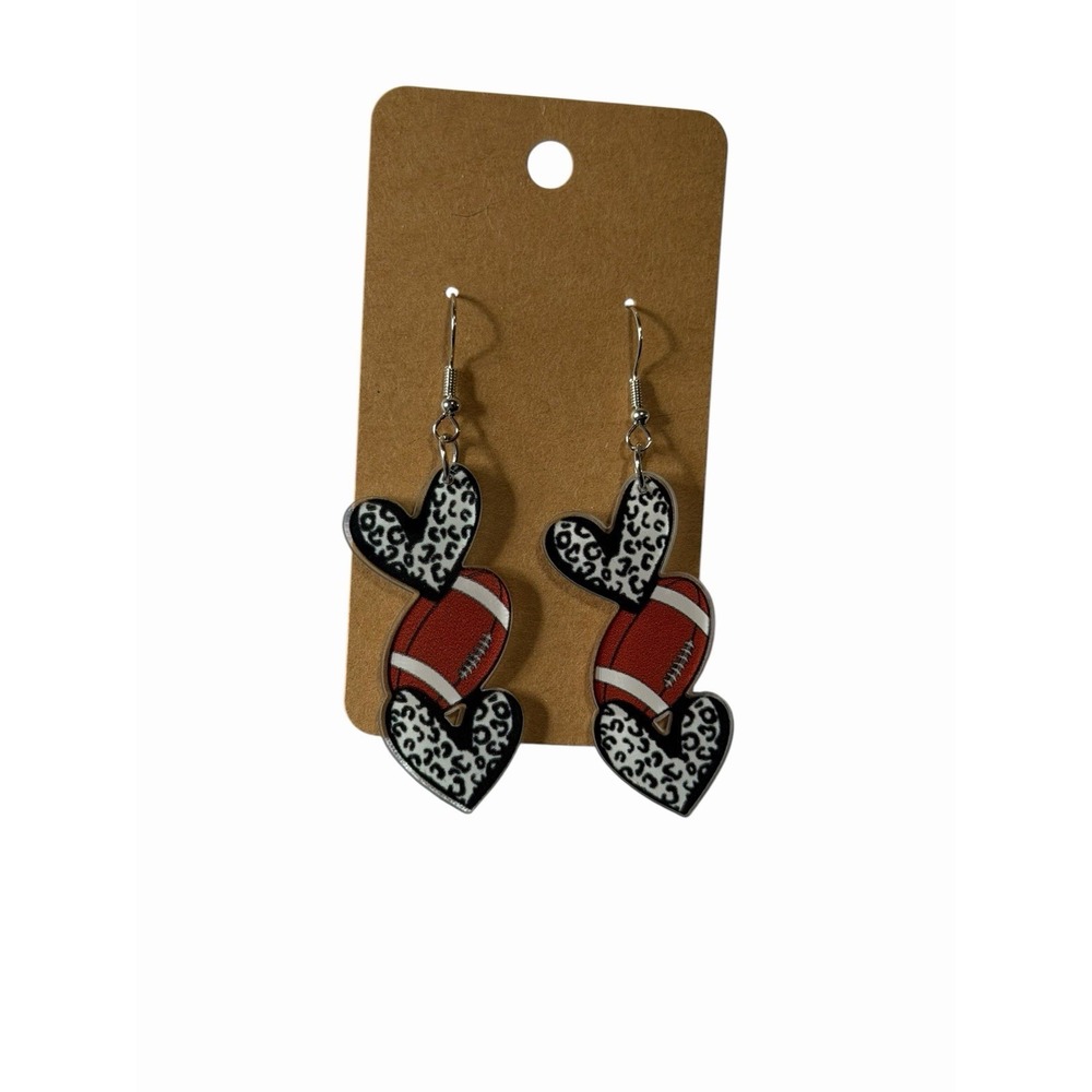 Football Heart Leopard Print Acrylic Dangle Earrings Game Day Sports Jewelry